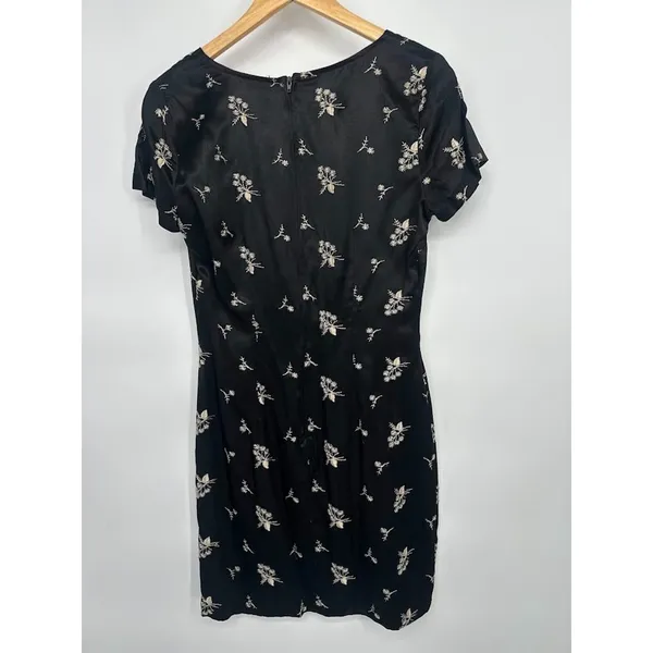 Vintage 90s Black Satin Sheath Mini Dress Floral Goth Indie Grunge‎ Whimsygoth 7 - Image 4