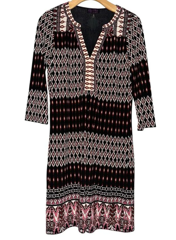 Hale Bob Vintage Womens Size M Black Burgundy Geo Printed Henley Neck Mini Dress - Image 2