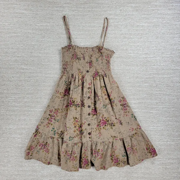 VTG Rachel & Chloe Smocked Dress Womens S Tan Floral Convertible Straps Cottage - Image 14