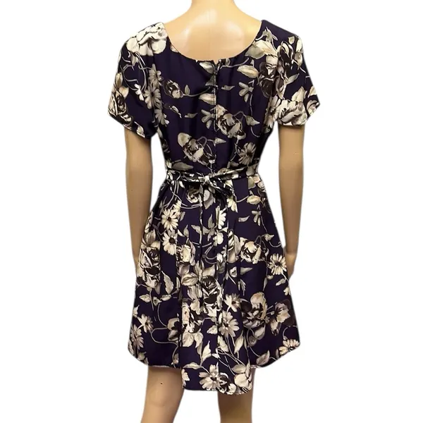 Vintage All That Jazz Plum Cream Floral Print Short Sleeve Zip Tie Back Dress M - Image 8