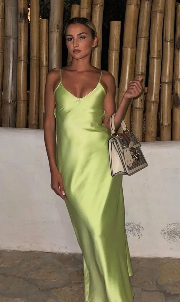 Dress Lime Green Satin Effect Maxi Midi Wedding Party Date Coctail - Image 7