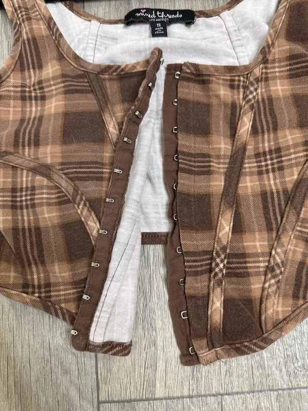 Brown Plaid Crop Top Hook and Eye Front Size Small | Grunge - Image 9