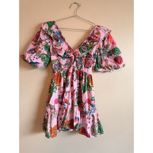 Banjanan Mini Dress Womens XS‎ Pink Toucans Garden Tropical Ruffle Puff Sleeve - Image 7