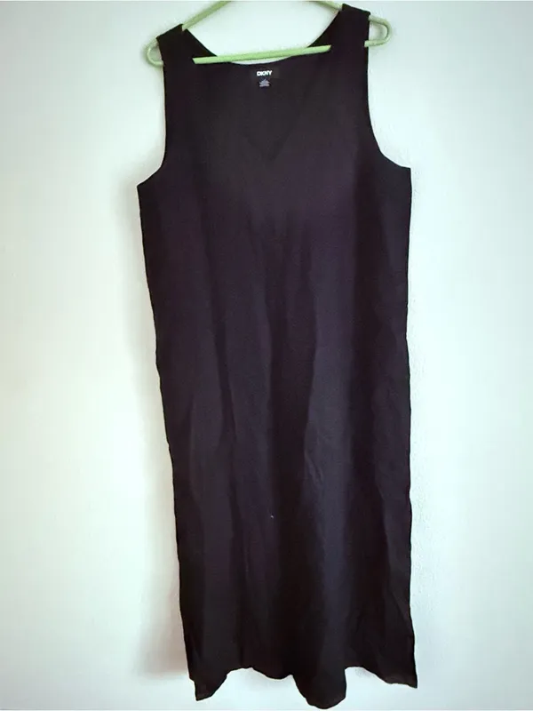 DKNY V-Neck Linen Blend Maxi Dress Black Coastal Beachy Side Slits Resort L - Image 2