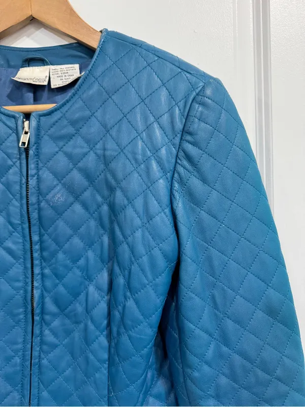 VTG Newport News Quilted Leather Jacket Size 6 Blue Collarless Zip Front - Image 5