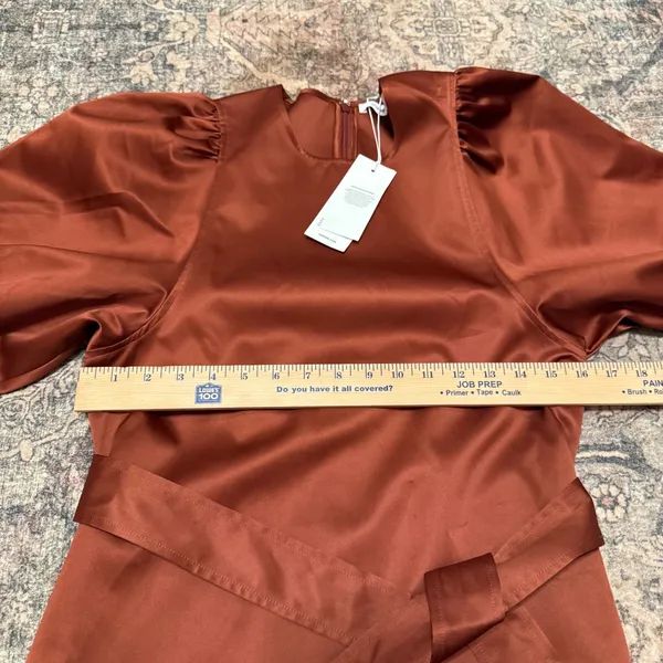 Samsoe Samsoe Celestina Short Dress Brandy Brown Satin Puff Sleeve NWT Size S - Image 8