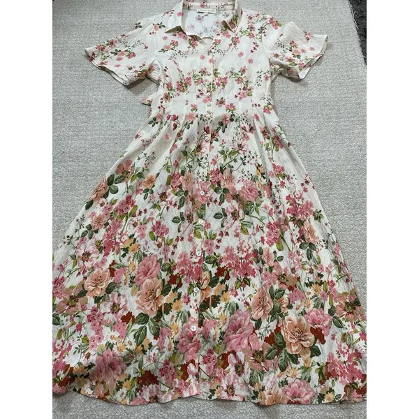 Figueroa & Flower Boho Shirt Dress Medium Beige Floral Cottagecore Retro Prairie - Image 15