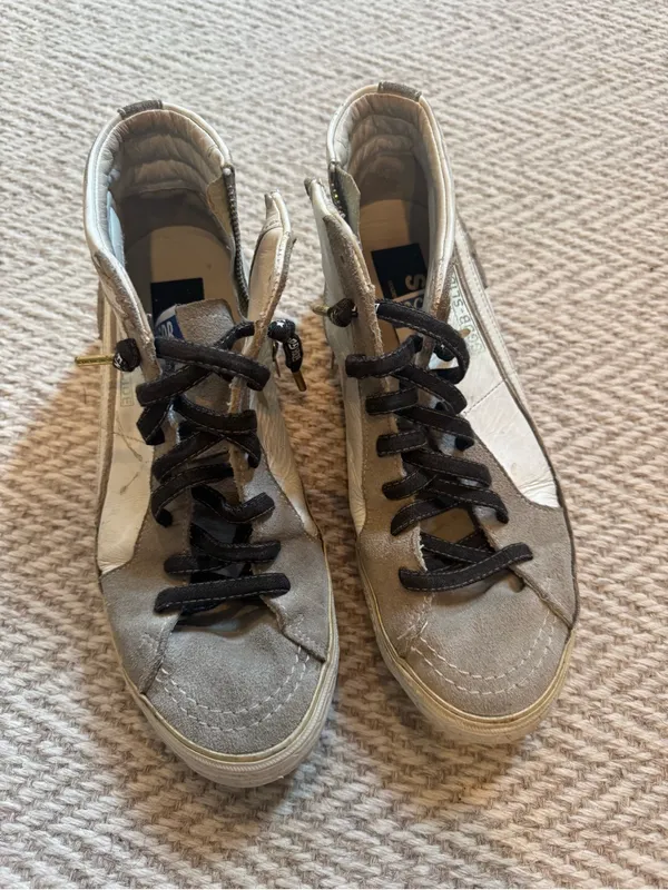 Golden Goose Slide High-Top Sneakers in White and Beige - Image 3