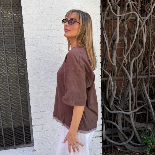 Free People Y2k vintage brown lace trim oversized tee Size L - Image 2
