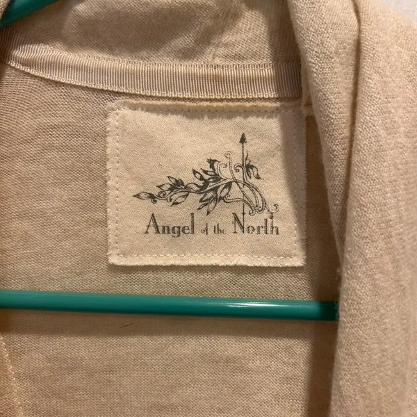 Angel of the North Beige Knit Cardigan‎ Sheer Ruffle Trim Open Front Women's L - Image 2