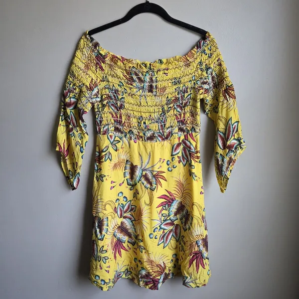 Farm Rio Bria Smocked Dress Anthropologie Size S Petite Yellow Tropical Floral - Image 4