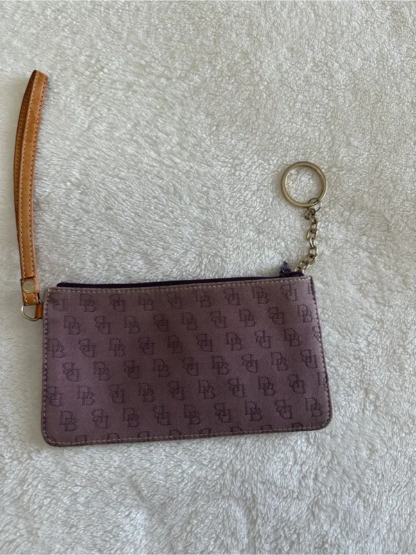 Dooney & Bourke Monogram Wristlet Pouch Purple Tan Coated Canvas Zip Clutch - Image 4