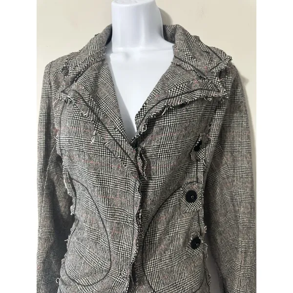 WYETH‎ Todd Magill Plaid Cropped Frayed Deconstructed Blazer Jacket Wool Silk Sm - Image 3
