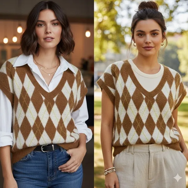 Free People Sweater Vest Women's Through the Motion Argyle Boxy Tan Cream Medium - Image 12