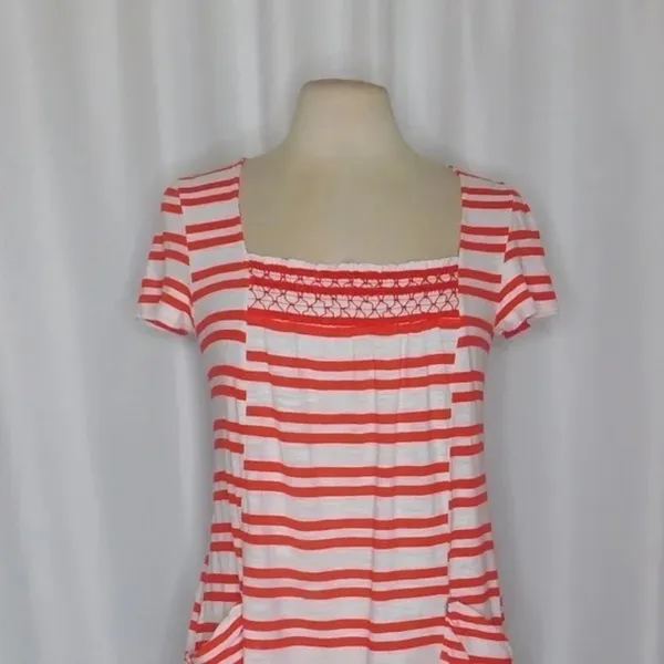 Anthropologie MEADOW RUE Marin Striped Top Smocked Knit Red White Medium - Image 3