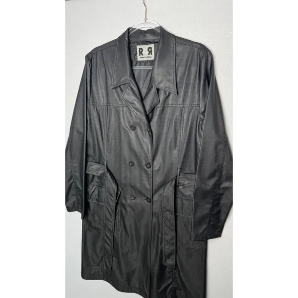 1990s Rave 4 Real Black Coated Stretch Trench Coat Women’s M/L - Image 9