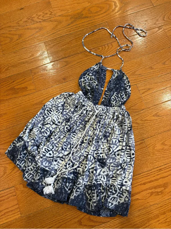 Free People Blue Open Back Halter Mini Dress XS Boho Festival Beachy - Image 4