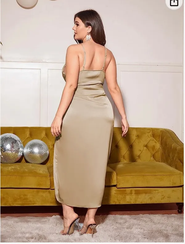 Women's Plus Size Satin Spaghetti Strap Cowl Neck Wrap Party Cami Dress - Image 2