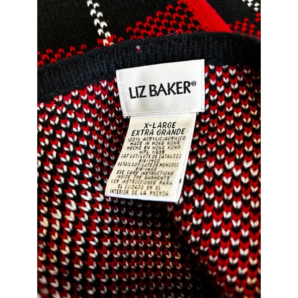 Vintage Liz Baker Cardigan XL Red Black‎ Plaid Gold Button Dark Academia Sweater - Image 2