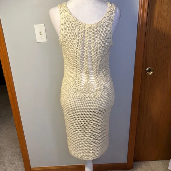 ZARA KNIT Crochet‎ Knit Midi bohemian swim cover Cream Sleeveless V Neck Sheer - Image 3