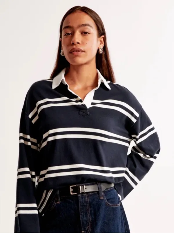 Abercrombie & Fitch contrast stripe rugby top in navy multi - Medium - Image 2