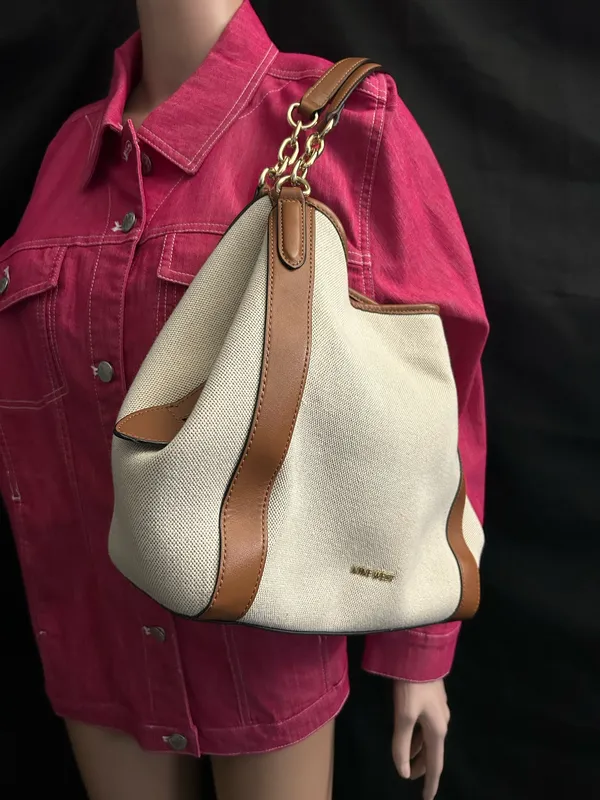 Nine West Cream Canvas Shoulder Tote Boho Bag with Brown Trim - Image 2
