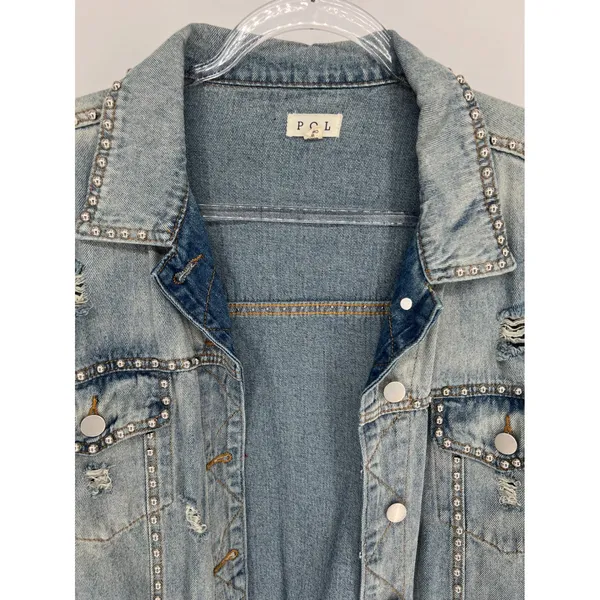 POL Denim Jean Jacket Womens S Blue Studded‎ Distressed Oversized - Image 9