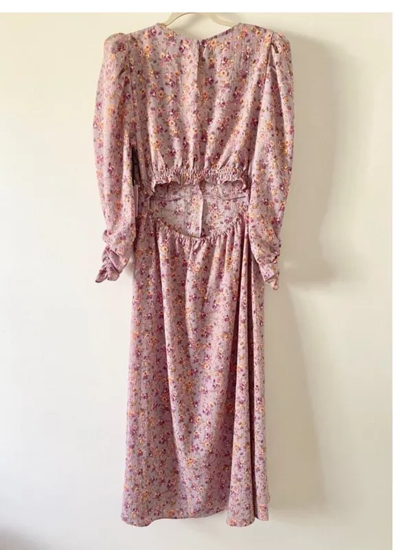ASTR the Label Puff Sleeve V-Neck Back Cutout Midi Dress, purple peach floral XL - Image 5
