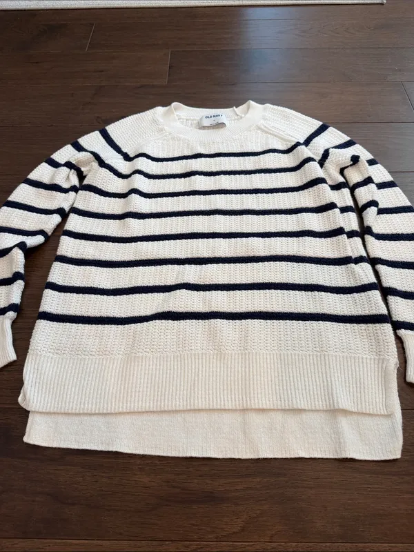 Old Navy Cream Sweater with Navy Stripes - Crew Neck Size XS - C58-022 - Image 3