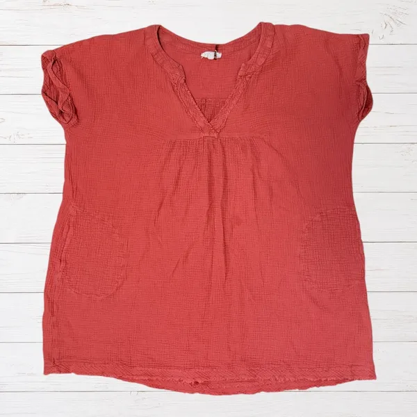 Boho Cotton Gauze Babydoll Dress Rust Coral Earthy Cottagecore Pockets 1X Entro - Image 2
