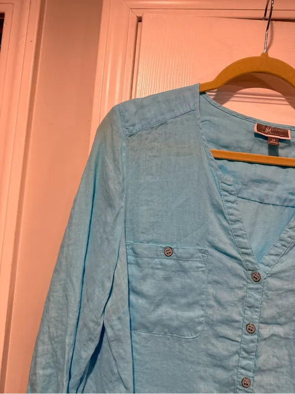 JM Collection Size 14 Aqua Blue Linen Button Down Collarless Beachy Tunic Top - Image 3