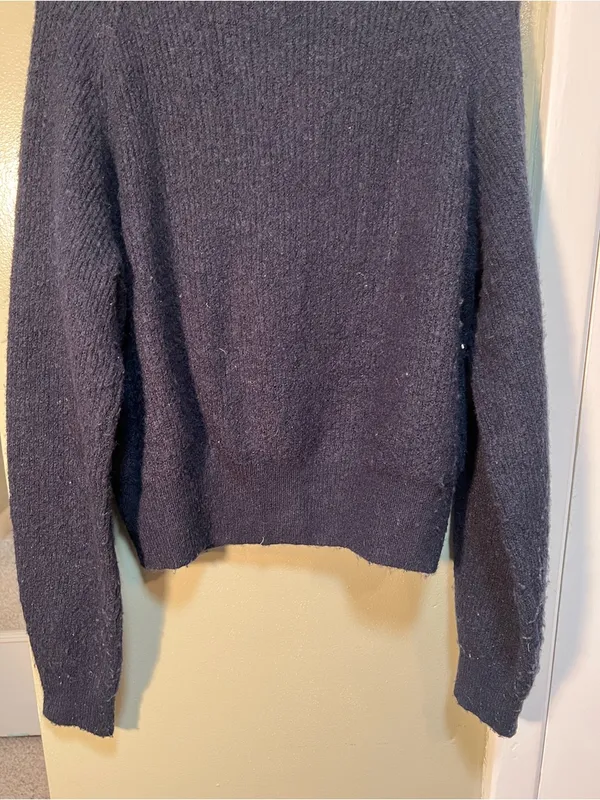 H&M Women's Size Large Rib-Knit Cardigan Sweater Navy Blue Crewneck Stretch Wool - Image 7