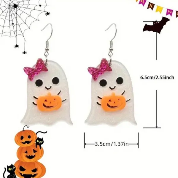 Boutique Halloween Ghost Earrings with Sparkling Pumpkin & Bows - Image 3