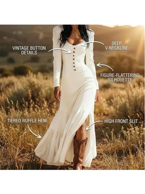 NEW Blue Western Cowgirl Long Sleeve Deep V Neck Boho Vintage Maxi Dress S - Image 4