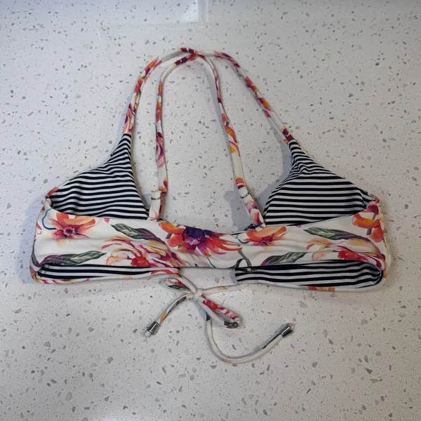 Tropical‎ Floral Lace Up Bikini Top XS White Striped Lining Summer Swimwear - Image 2