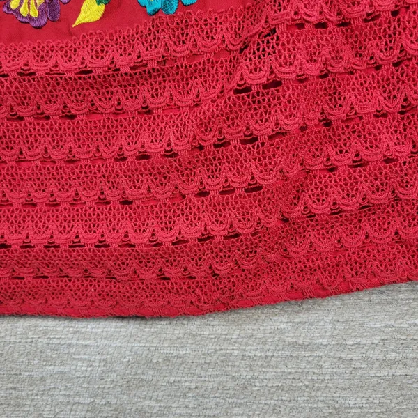 Handmade Mexican Dress M Red Embroidered Muumuu Floral Crochet Boho Hippie Midi - Image 10