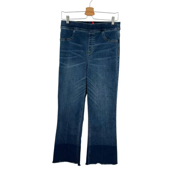 Spanx Cropped‎ Flare Denim Jeans Medium Wash Dip Dye Hem Blue Size Large - Image 3