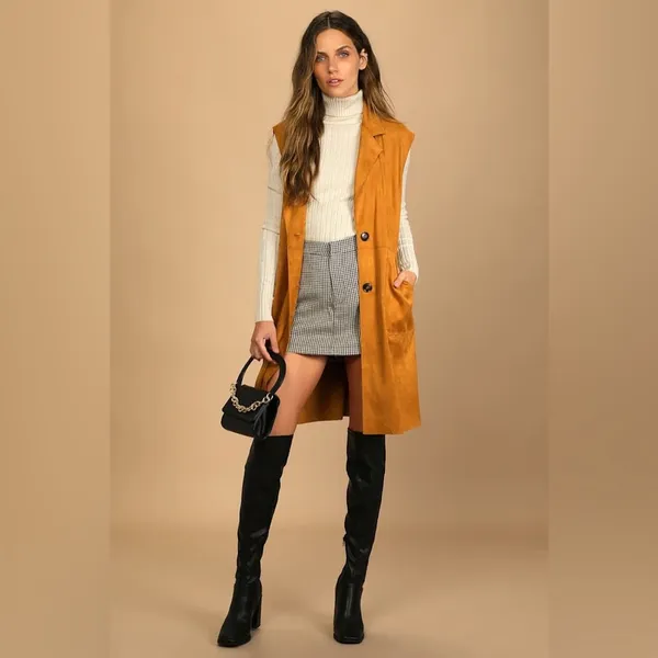 Lulus Brown Brisk Bliss Camel Suede Sleeveless Button‎ Long Trench Coat - Image 13