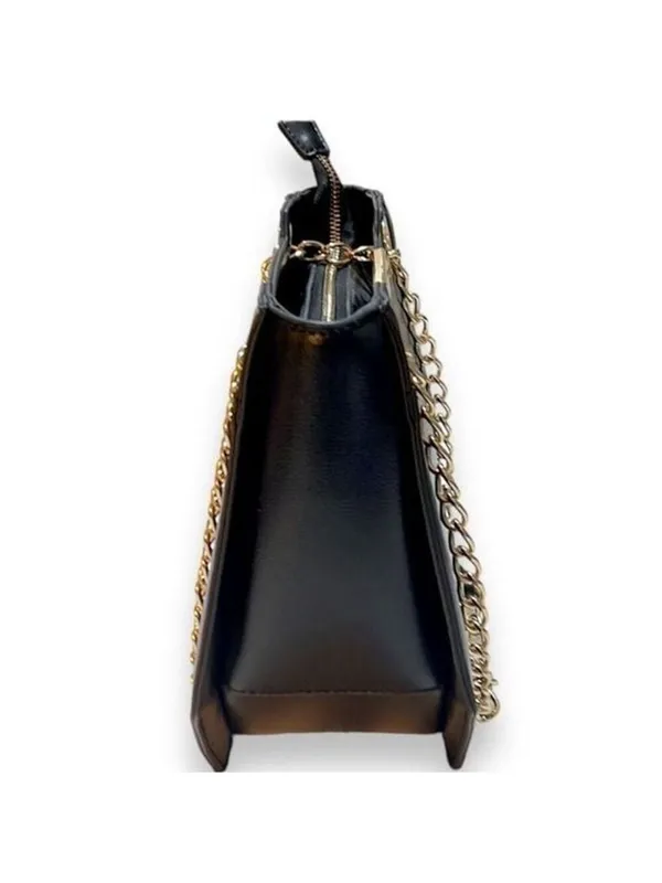 Melie Bianco Geometric Vegan Leather Black Shoulder Bag with gold chains - Image 2