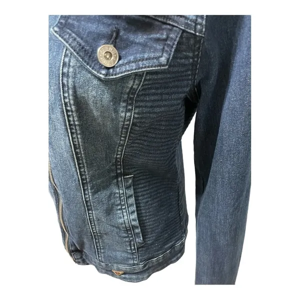 Guess Rigby Denim Moto Zip Distressed Blue Jean Jacket Medium - Image 6