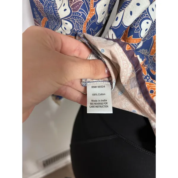 Love The Label Blue Orange Floral Batik Print Ruffle Neck Cotton BOHO Blouse Med - Image 5