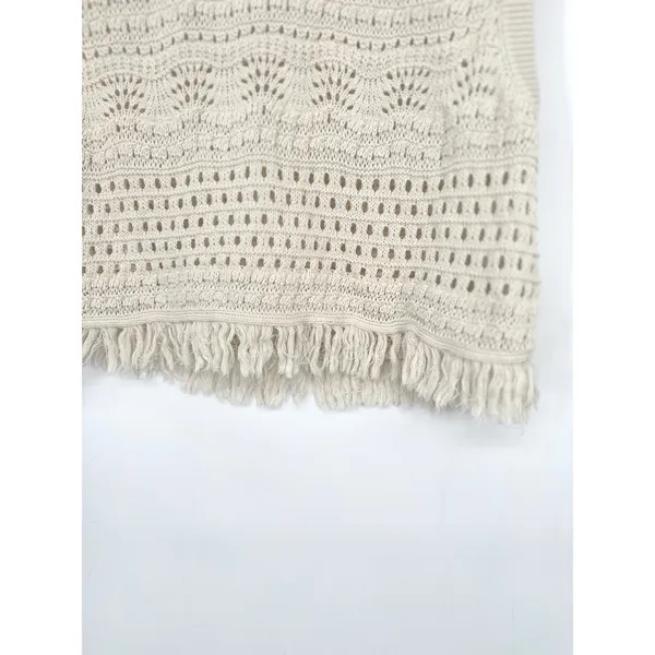 Boden Crochet Sweater Crop Womens L Ivory Fringe Festival Boho Coastal Western - Image 3