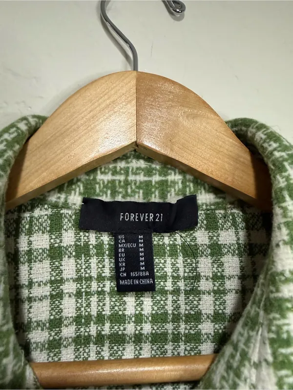 Forever 21 Green & White Tweed Houndstooth Shacket Pearl Buttons Medium - Image 5