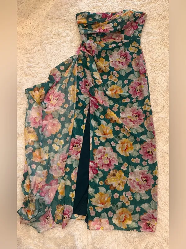 NEW Dress the Population Lulu Metallic Floral Strapless Pine multi Gown sz L - Image 4