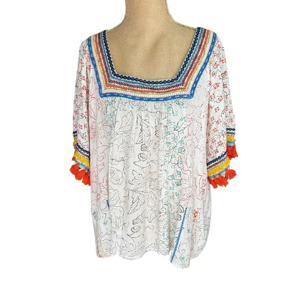 Maeve Embroidered‎ Tassel Square Neck Boho Blouse Bohemian Festival Artistic Medium - Image 2