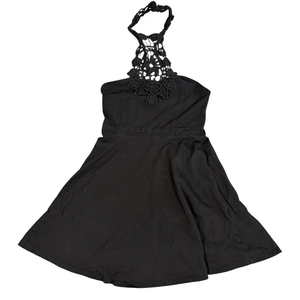 Crochet Halter Mini Dress Womens XS Black Fit Flare Boho Goth LBD Festival party - Image 9