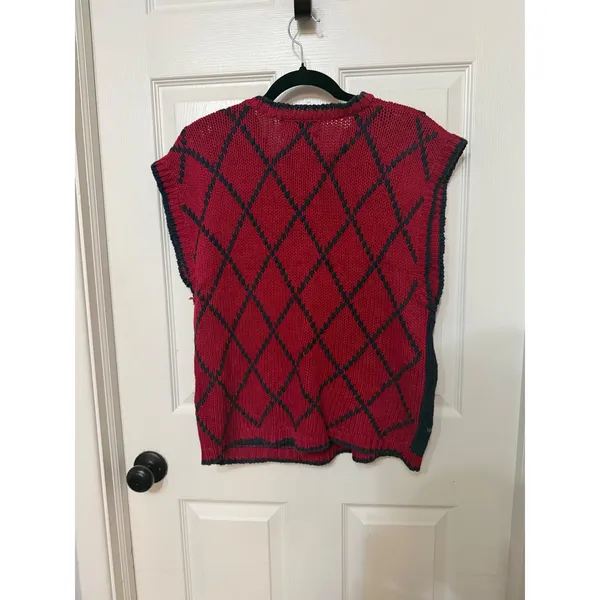 Herman Geist Vintage Hand Embroidered Grape Sweater Vest Red Navy‎ Linen Blend M - Image 5