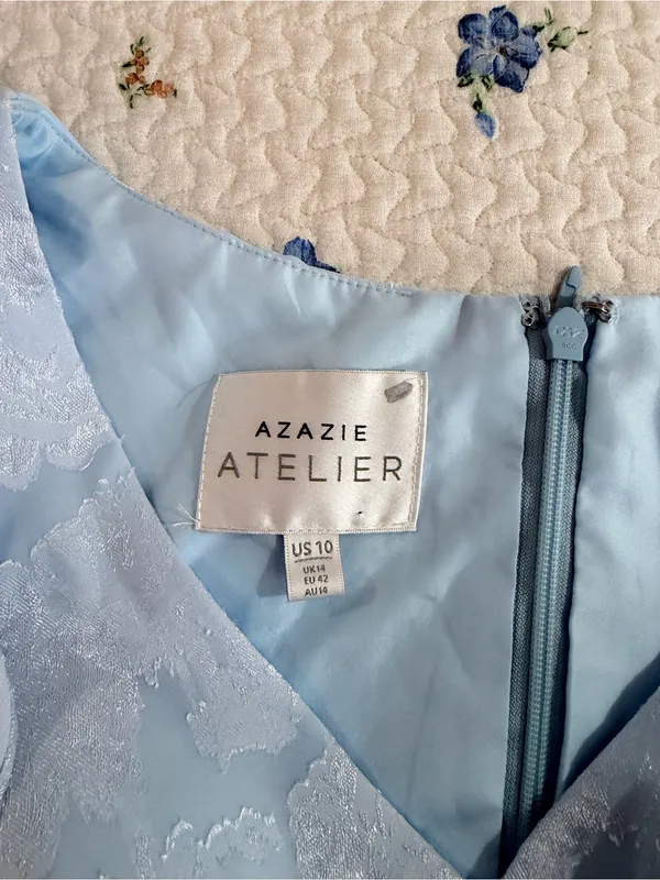 Azazie Slate Blue Floral Jacquard Maxi Flutter Sleeves High Slit Dress Size 10 - Image 8