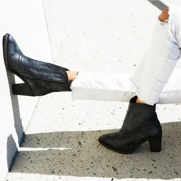 Free People Winding Road Heel Distressed Leather Ankle Boots Black/Grey Size 8 - Image 13