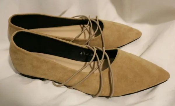 Tan Suede Pointed Toe Flats Ballet Cross Front Straps Strappy Detail - Image 6